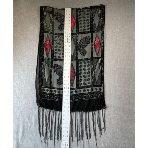Velvet Burnout Scarf Womens Black Red Green Sheer Paisley Boho Fringe Festival - Picture 6 of 7